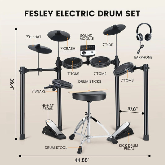 Batería Electrónica Fesley FED200 – 4 Pads de 8″ + 3 Cymbals de 10″, USB-MIDI, Monitor Metronomo y Hasta 165 Sonidos
