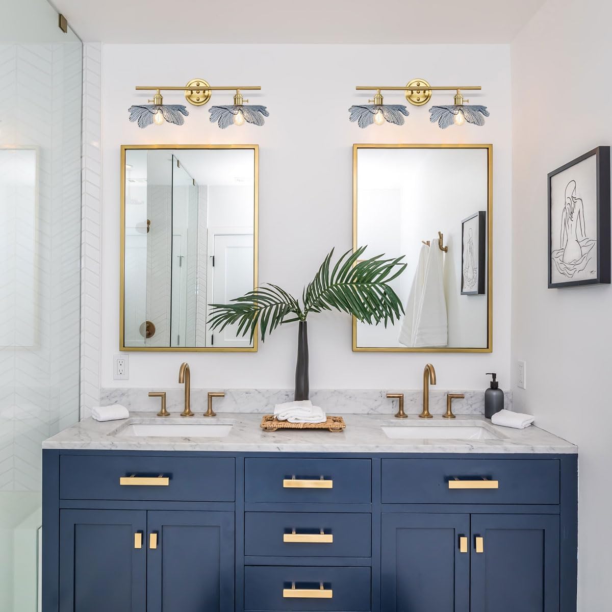 Lampara de Pared 2 Luces “Flor Azul” – Diseño Latón Dorado para Baño, Dormitorio o Pasillo