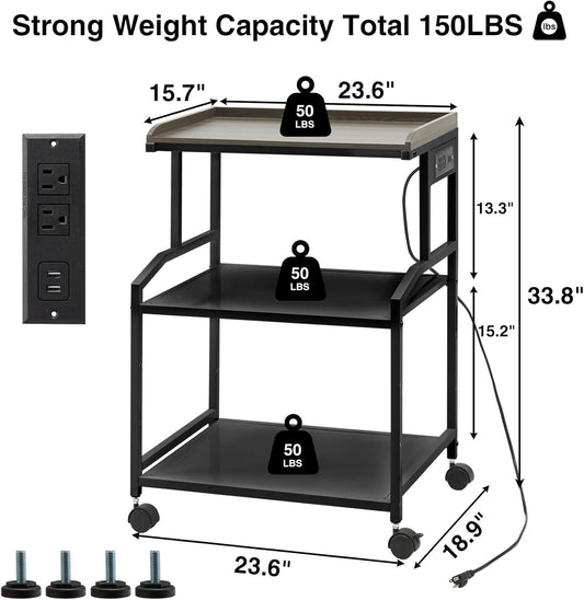 Carro Organizador 3 Niveles Lauren&Harold – Estación de Trabajo con Ruedas, Puertos USB/Enchufe y Estantes Ajustables