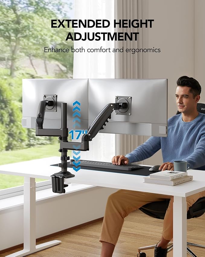 Soporte Dual para Monitores – Brazo Ajustable para Pantallas de 13″ a 32″ con Inclinación, Giro y Rotación