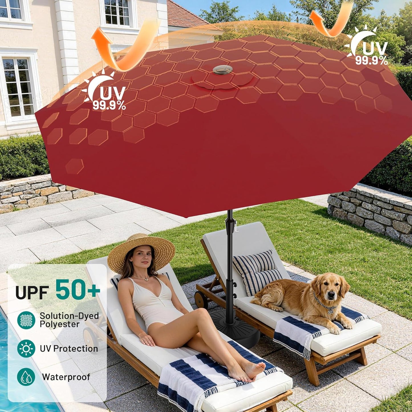 Sombrilla de Patio 2.7 m (9 ft) con Protección UV | Parasol Exterior Resistente con Manivela y Ventilación para Jardín, Terraza y Piscina