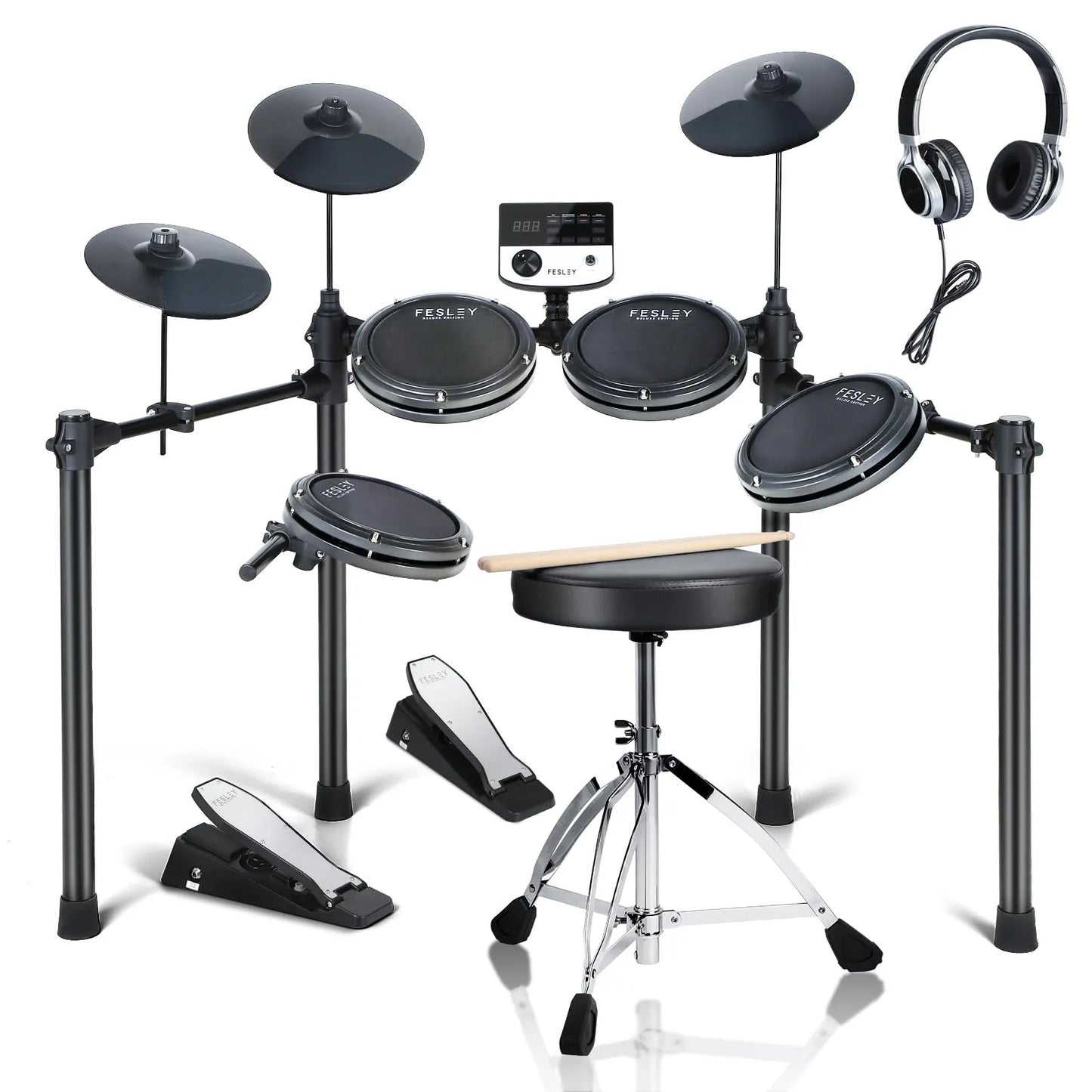 Batería Electrónica Fesley FED200 – 4 Pads de 8″ + 3 Cymbals de 10″, USB-MIDI, Monitor Metronomo y Hasta 165 Sonidos