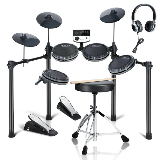 Batería Electrónica Fesley FED200 – 4 Pads de 8″ + 3 Cymbals de 10″, USB-MIDI, Monitor Metronomo y Hasta 165 Sonidos