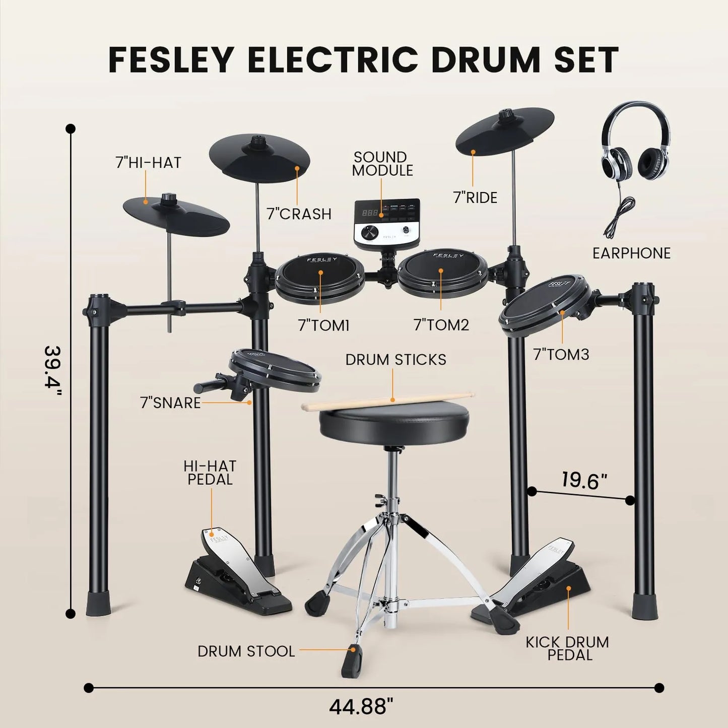 Batería Electrónica Fesley FED200 – 4 Pads de 8″ + 3 Cymbals de 10″, USB-MIDI, Monitor Metronomo y Hasta 165 Sonidos