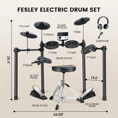 Batería Electrónica Fesley FED200 – 4 Pads de 8″ + 3 Cymbals de 10″, USB-MIDI, Monitor Metronomo y Hasta 165 Sonidos