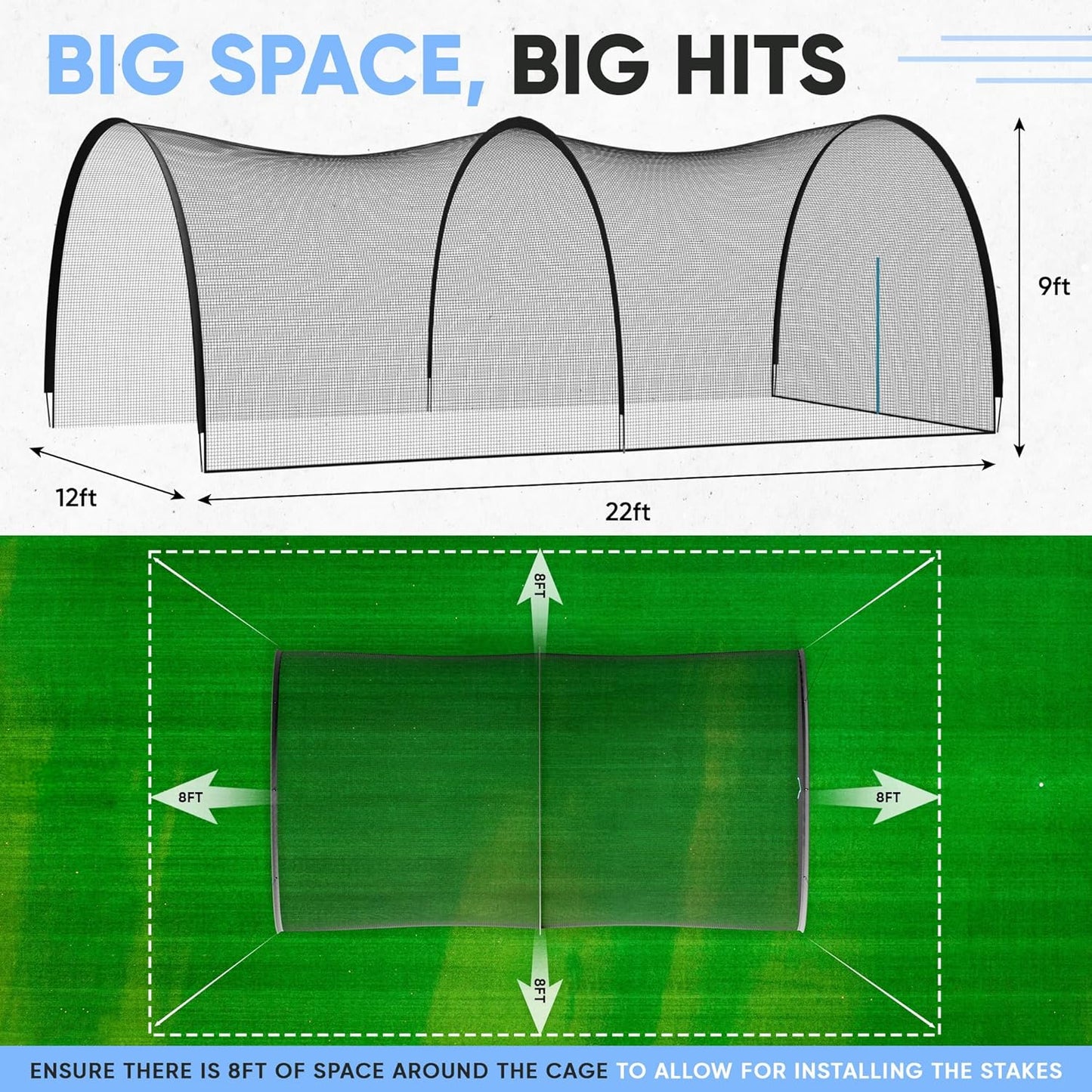 Jaula de bateo Evorise 6,70 m × 3,66 m × 2,74 m – marco reforzado con postes de 14 mm