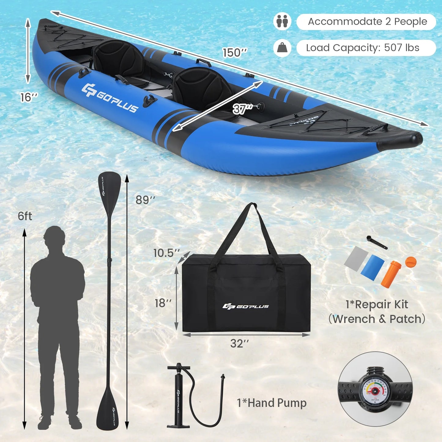 Kayak inflable para 2 personas Goplus – 3,81 m largo × 0,94 m ancho × 0,41 m alto, capacidad 230 kg