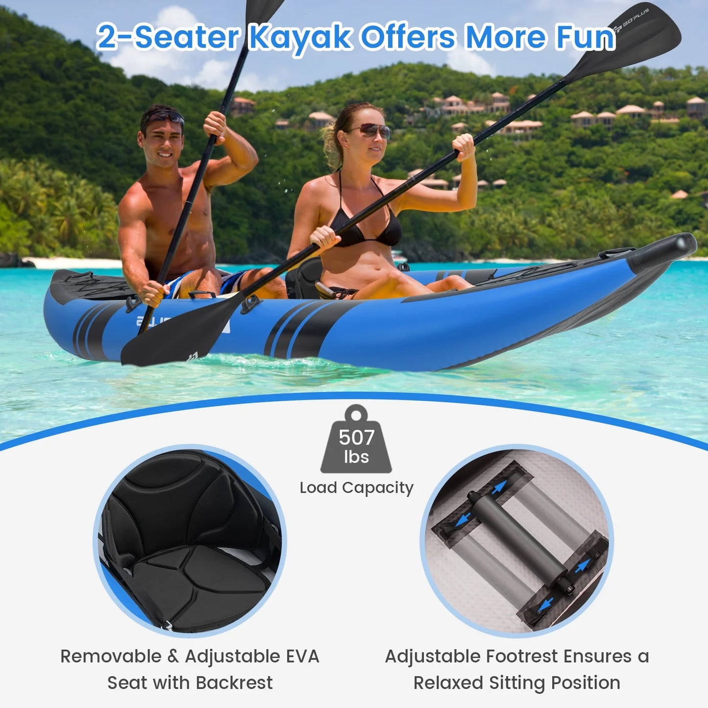 Kayak inflable para 2 personas Goplus – 3,81 m largo × 0,94 m ancho × 0,41 m alto, capacidad 230 kg