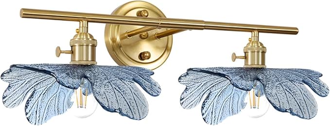 Lampara de Pared 2 Luces “Flor Azul” – Diseño Latón Dorado para Baño, Dormitorio o Pasillo
