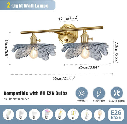 Lampara de Pared 2 Luces “Flor Azul” – Diseño Latón Dorado para Baño, Dormitorio o Pasillo