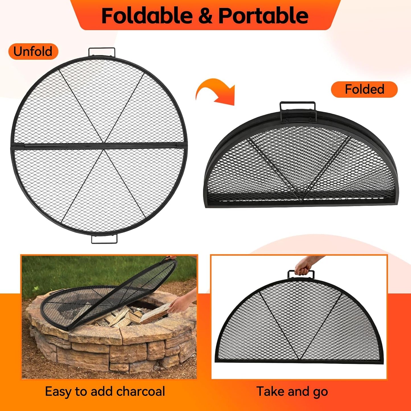 Parrilla Plegable para Fogata “X-Marks” METORICO – Acero Reforzado, Asa de Transporte, Ideal Camping & Backyard BBQ