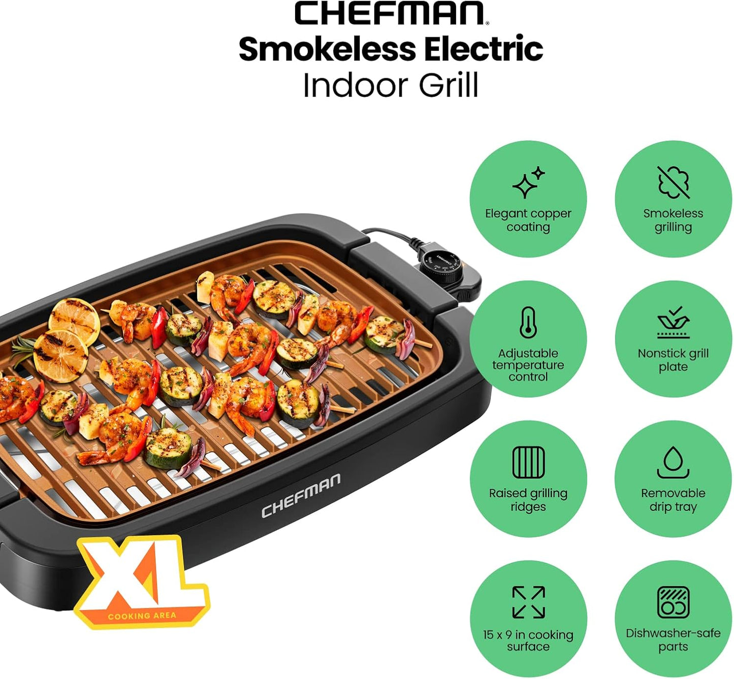 Parrilla electrica Sin Humo Chefman – Temperatura Ajustable, 4.7 QT, Apta para Lavavajillas